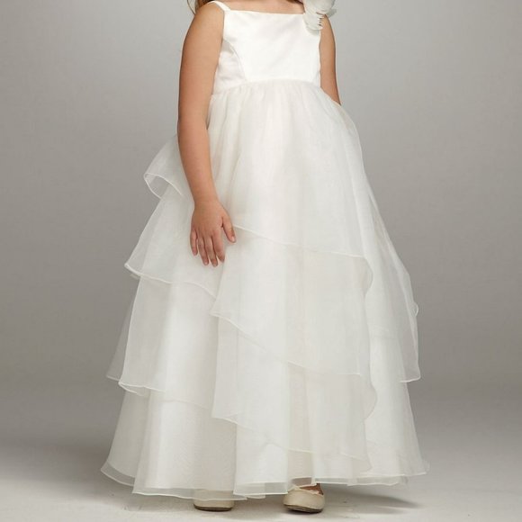 David's Bridal Flower Girl - spaghetti strap asymmetrical tiered organza gown - Picture 1 of 6